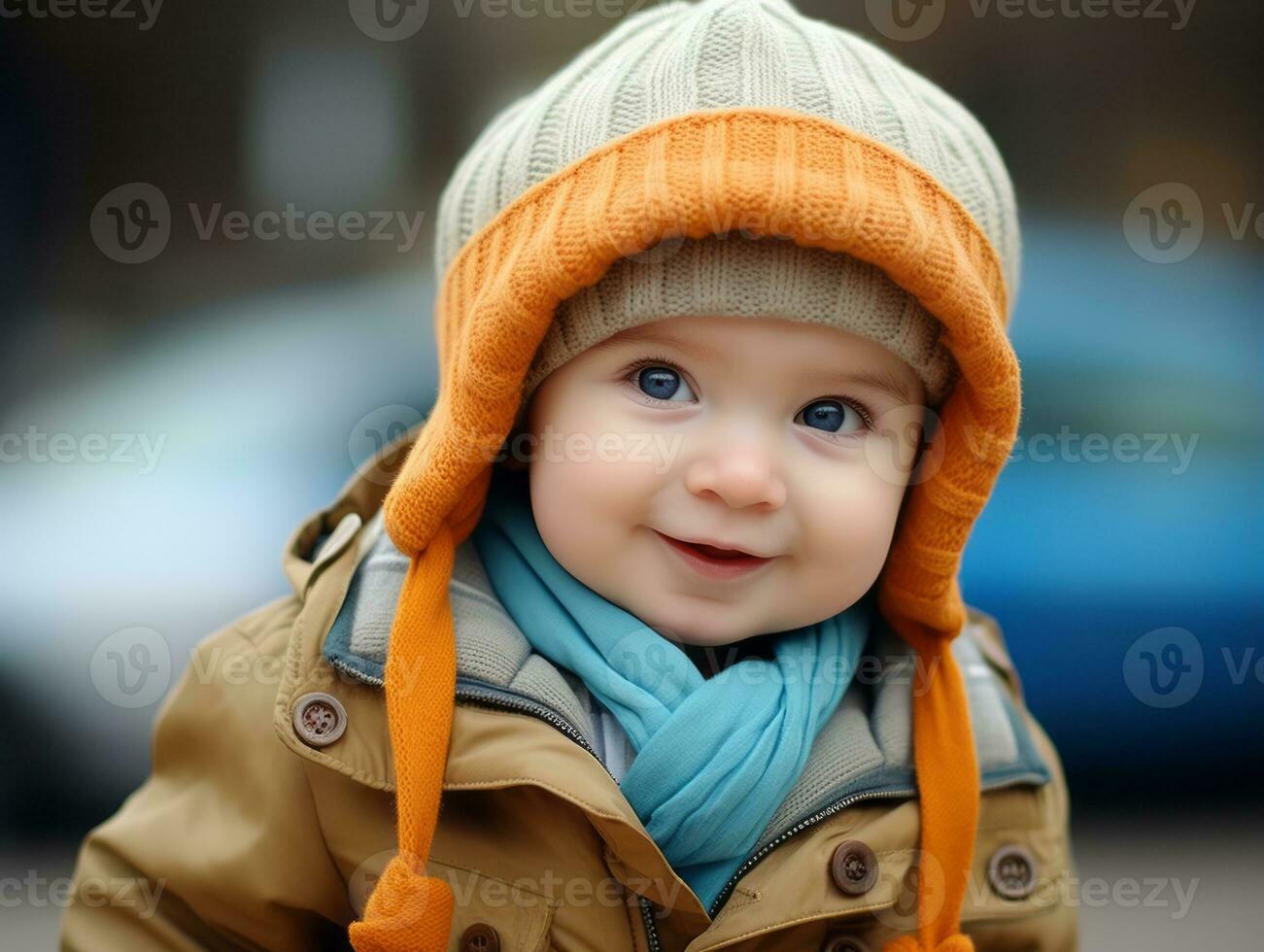 bezaubernd Baby mit beschwingt Kleidung im ein spielerisch Pose ai generativ foto