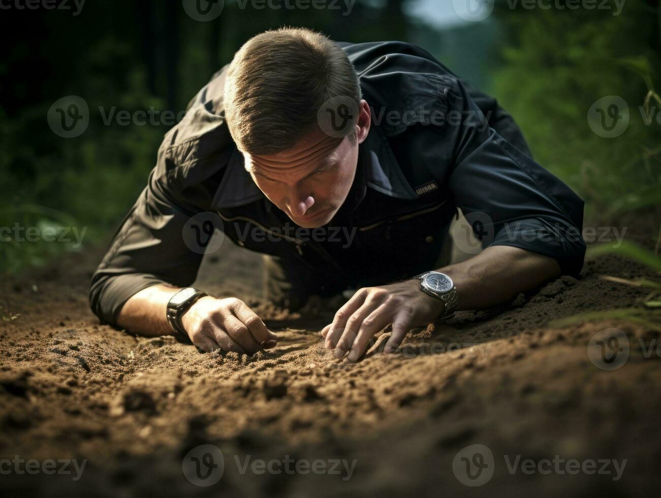 Polizist ist sorgfältig Prüfung das Szene zum Beweise während seine Ermittlung ai generativ foto