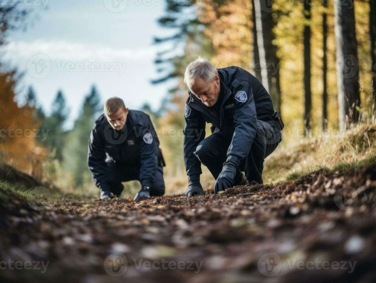 Polizist ist sorgfältig Prüfung das Szene zum Beweise während seine Ermittlung ai generativ foto