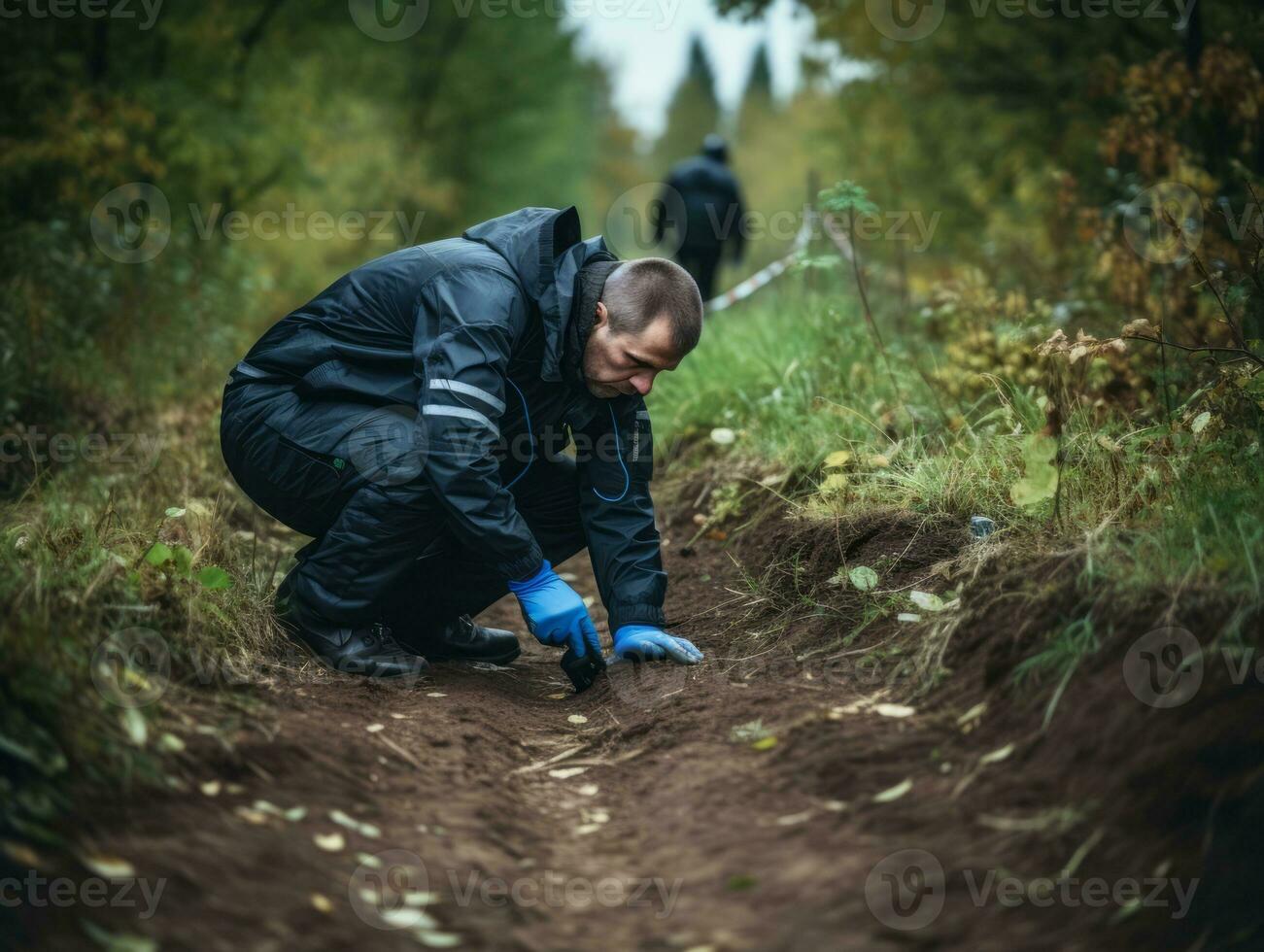 Polizist ist sorgfältig Prüfung das Szene zum Beweise während seine Ermittlung ai generativ foto