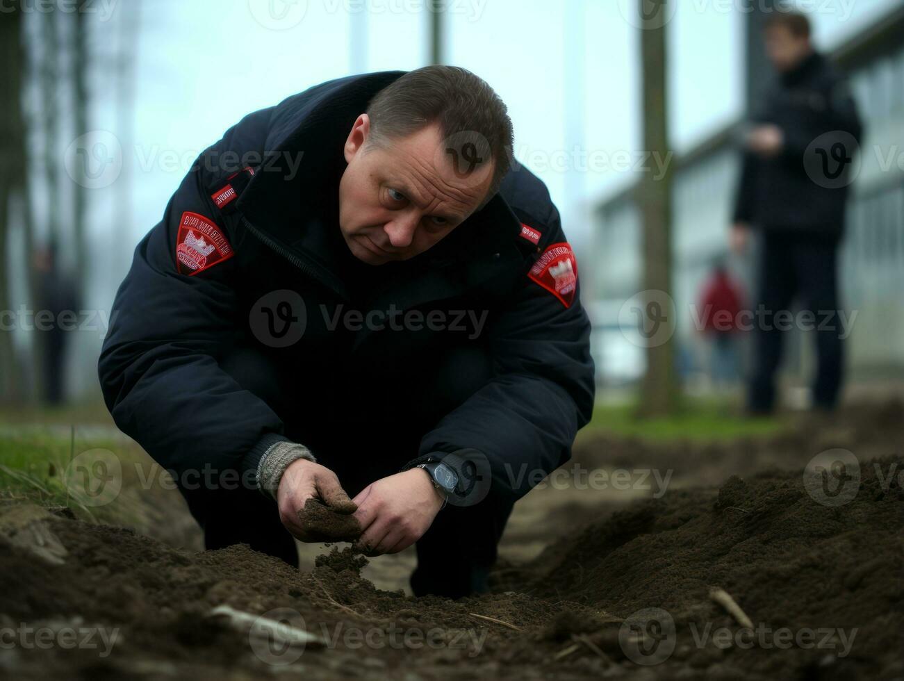 Polizist ist sorgfältig Prüfung das Szene zum Beweise während seine Ermittlung ai generativ foto