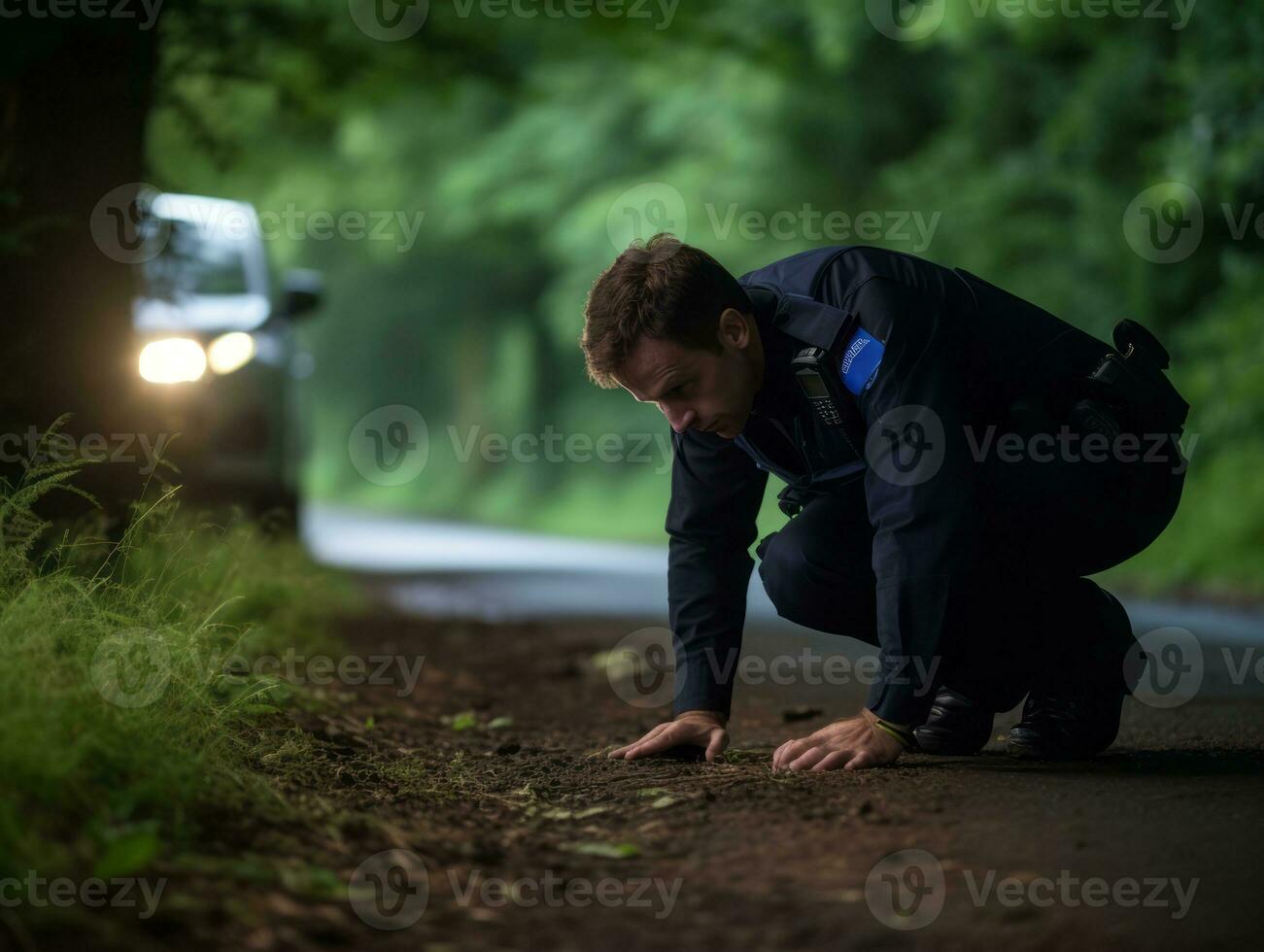 Polizist ist sorgfältig Prüfung das Szene zum Beweise während seine Ermittlung ai generativ foto