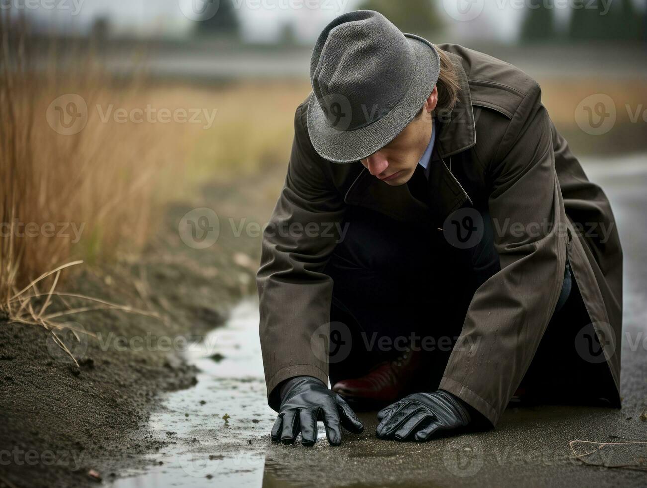 Polizist ist sorgfältig Prüfung das Szene zum Beweise während seine Ermittlung ai generativ foto