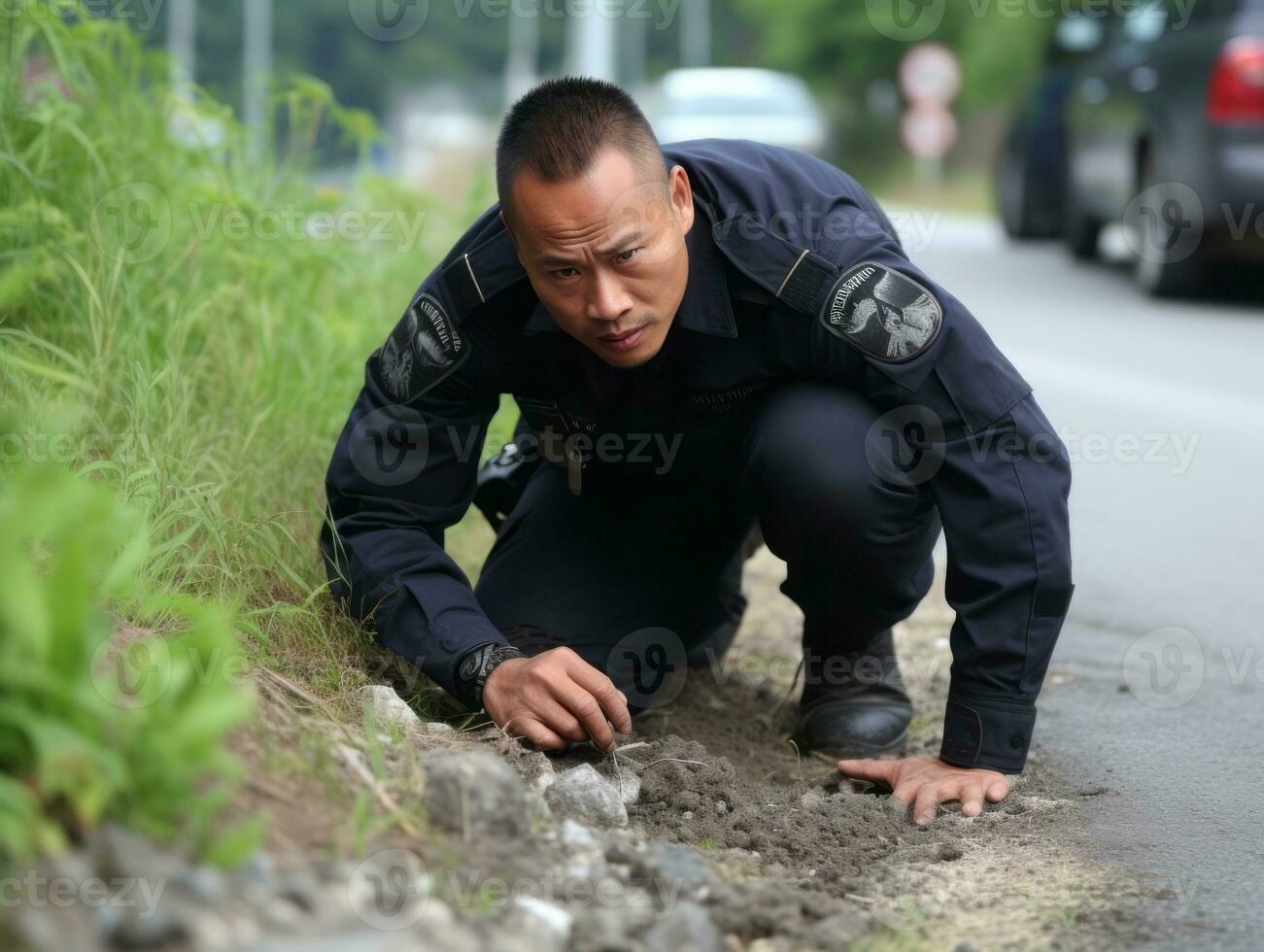 Polizist ist sorgfältig Prüfung das Szene zum Beweise während seine Ermittlung ai generativ foto