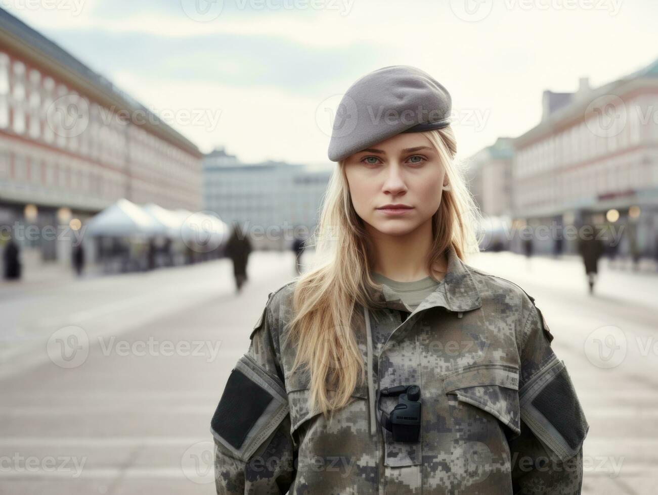 Frau dient wie ein gewidmet und furchtlos Soldat ai generativ foto