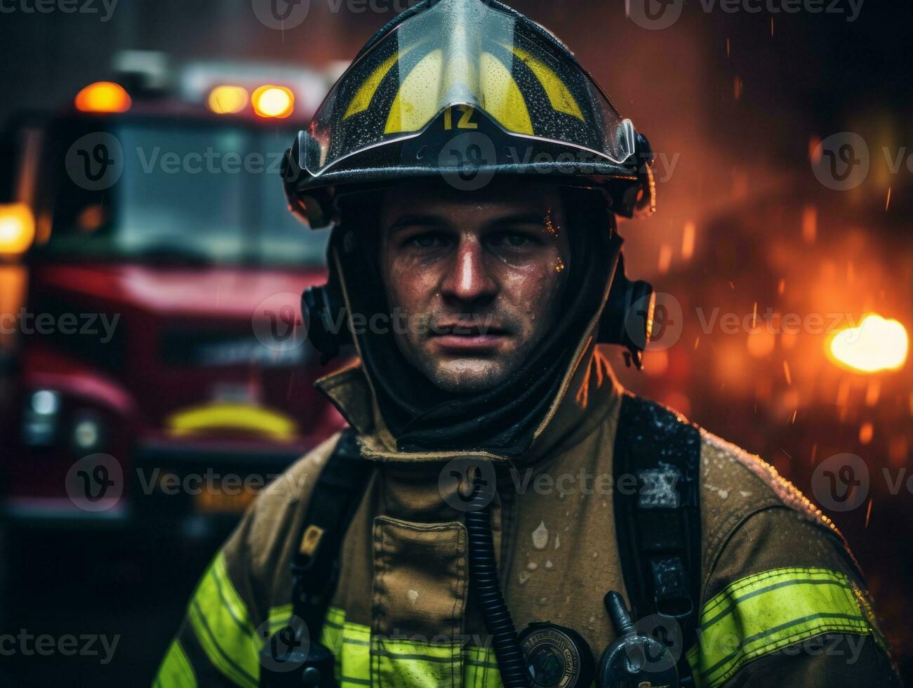 mutig männlich Feuerwehrmann furchtlos konfrontiert das lodernd Inferno ai generativ foto