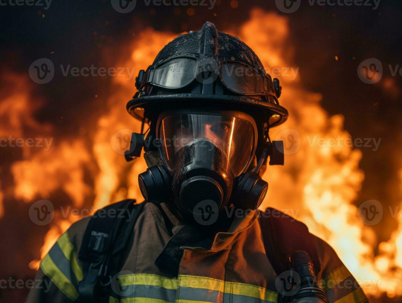 mutig männlich Feuerwehrmann furchtlos konfrontiert das lodernd Inferno ai generativ foto