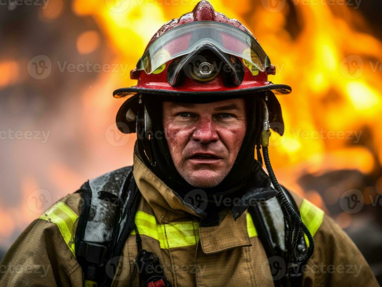 mutig männlich Feuerwehrmann furchtlos konfrontiert das lodernd Inferno ai generativ foto