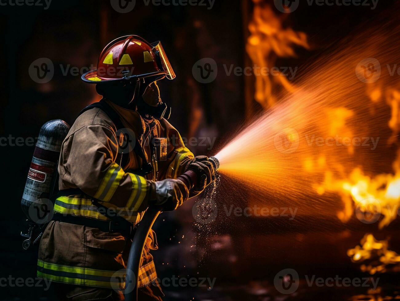 mutig männlich Feuerwehrmann furchtlos konfrontiert das lodernd Inferno ai generativ foto