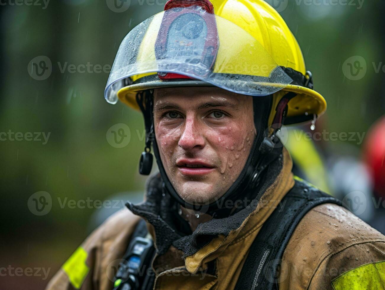 mutig männlich Feuerwehrmann furchtlos konfrontiert das lodernd Inferno ai generativ foto