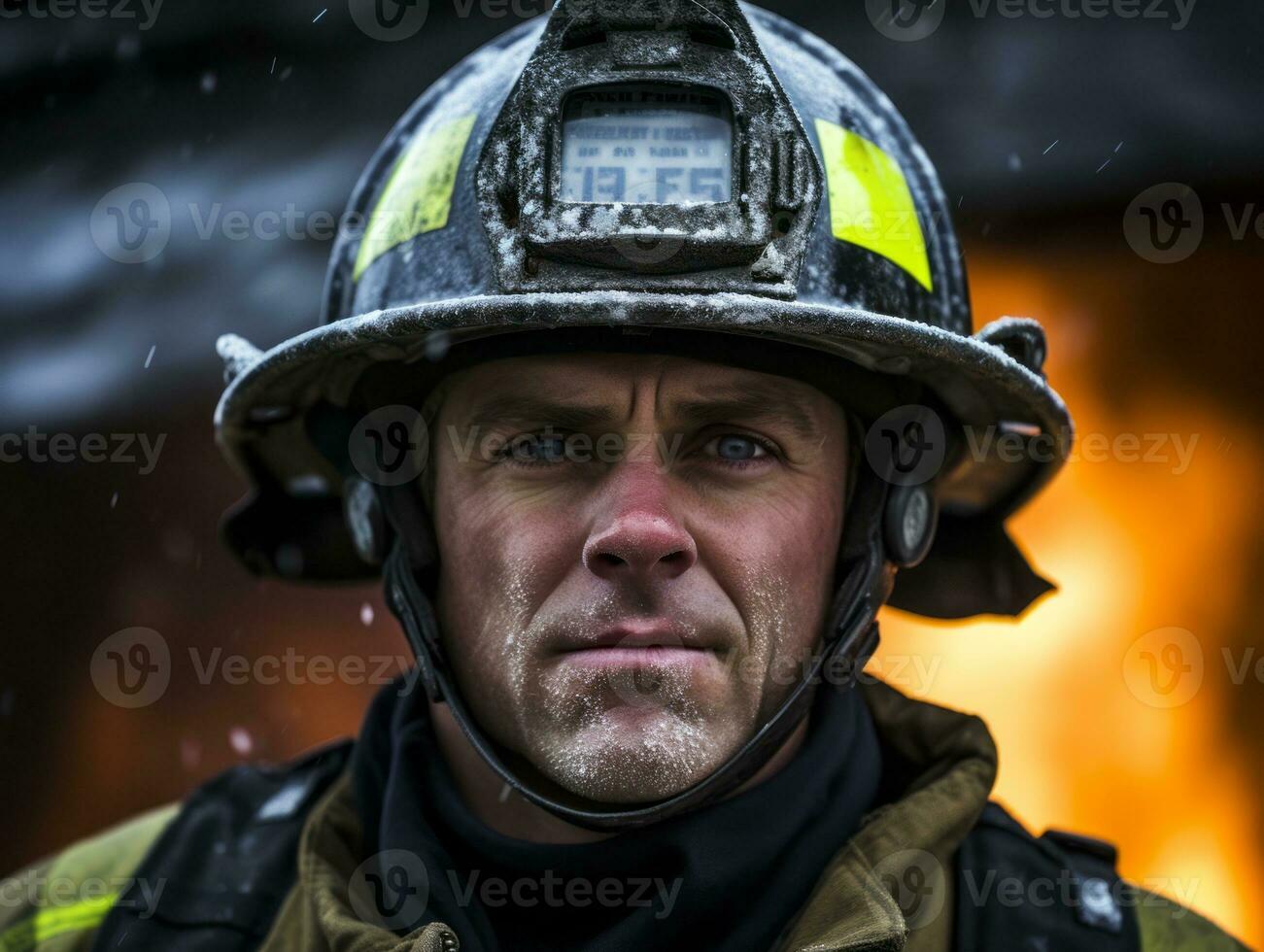 mutig männlich Feuerwehrmann furchtlos konfrontiert das lodernd Inferno ai generativ foto