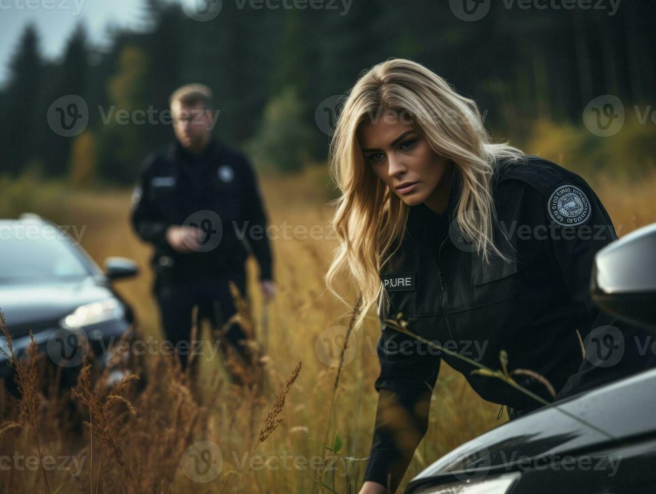 die Polizistin ist vorsichtig Prüfung das Verbrechen Szene zum Potenzial Beweise ai generativ foto