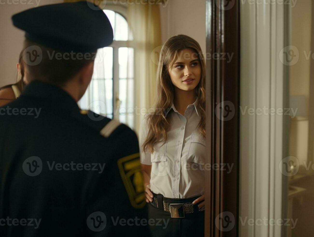 die Polizistin ist vorsichtig Prüfung das Verbrechen Szene zum Potenzial Beweise ai generativ foto