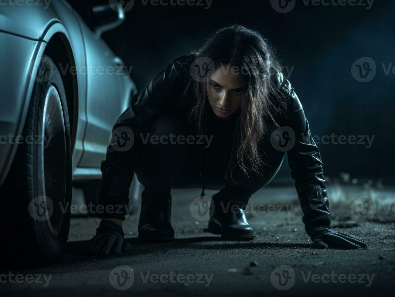 die Polizistin ist vorsichtig Prüfung das Verbrechen Szene zum Potenzial Beweise ai generativ foto