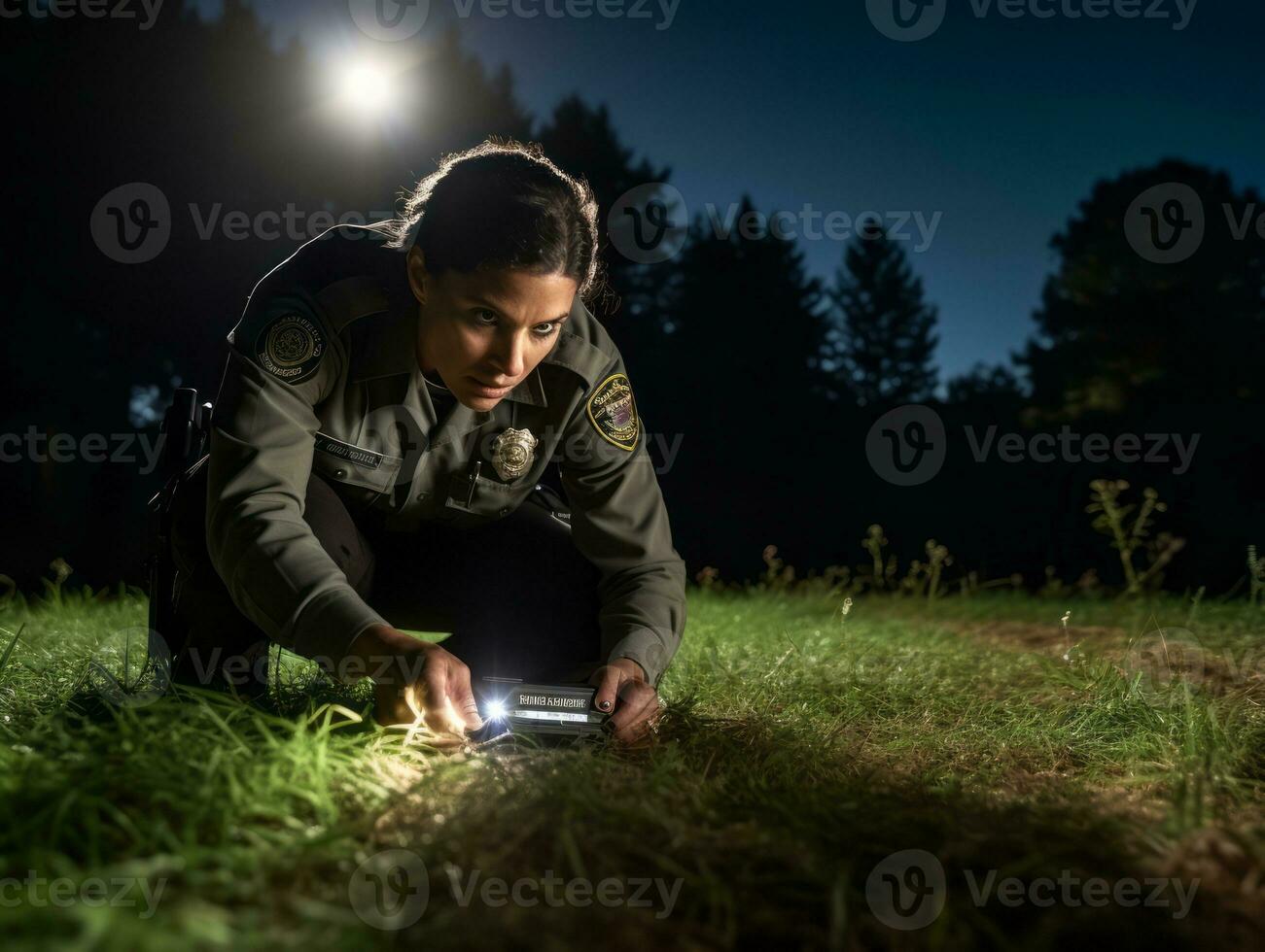 die Polizistin ist vorsichtig Prüfung das Verbrechen Szene zum Potenzial Beweise ai generativ foto