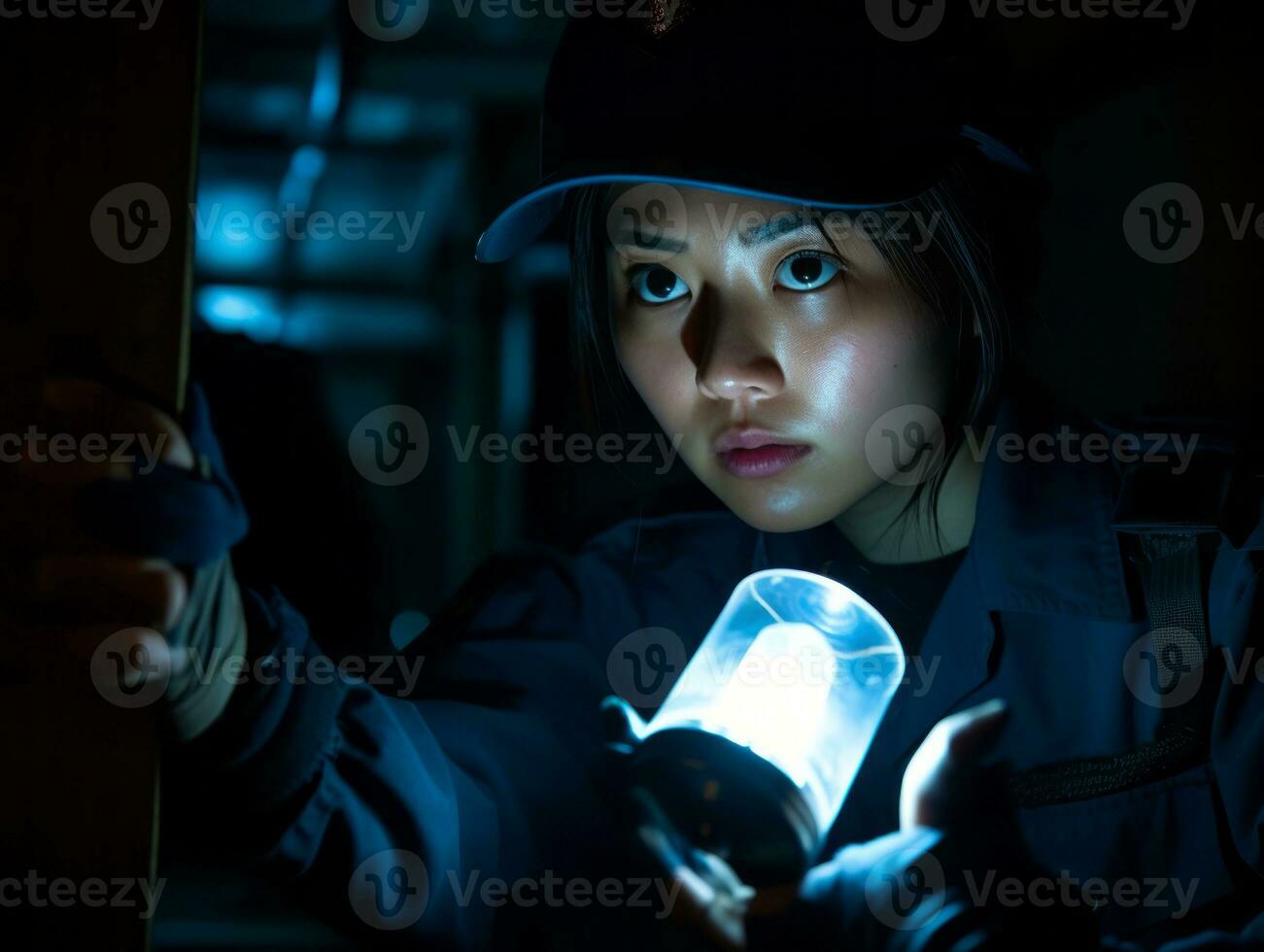 die Polizistin ist vorsichtig Prüfung das Verbrechen Szene zum Potenzial Beweise ai generativ foto