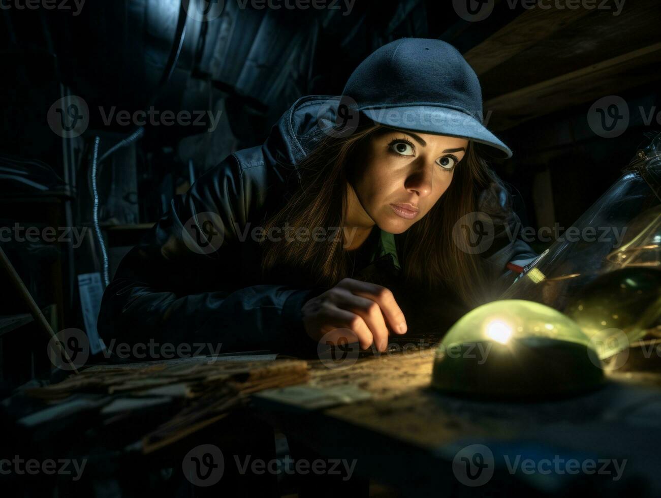 die Polizistin ist vorsichtig Prüfung das Verbrechen Szene zum Potenzial Beweise ai generativ foto