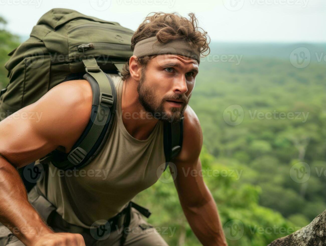 entschlossen Mann klettert ein steil Berg Weg ai generativ foto