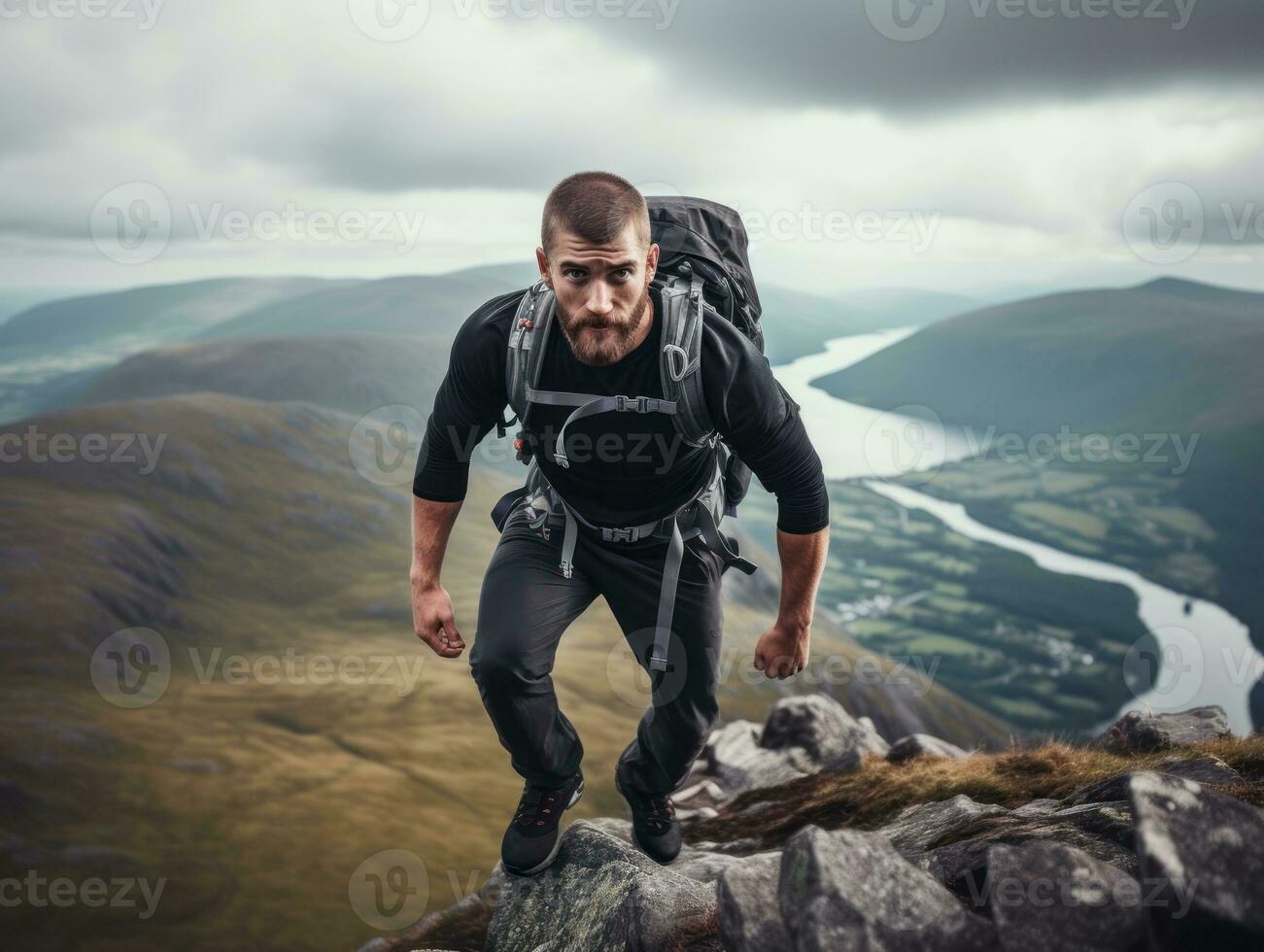 entschlossen Mann klettert ein steil Berg Weg ai generativ foto