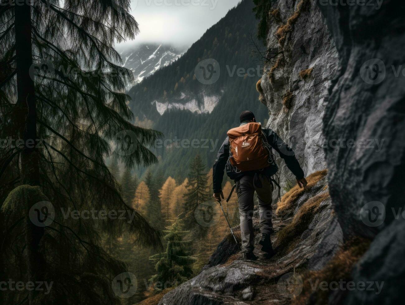 entschlossen Mann klettert ein steil Berg Weg ai generativ foto