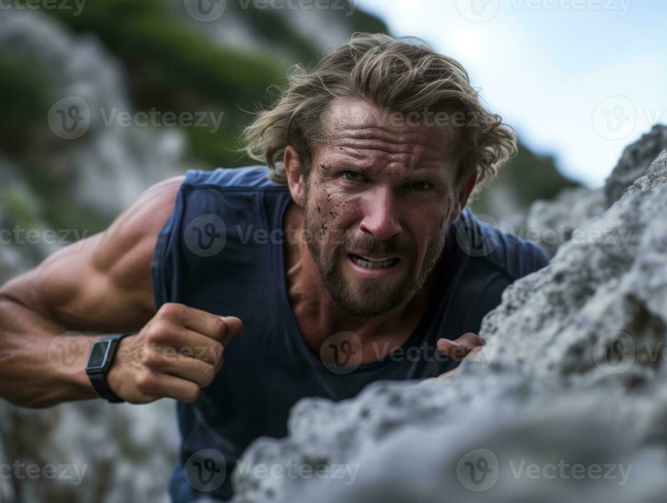 entschlossen Mann klettert ein steil Berg Weg ai generativ foto