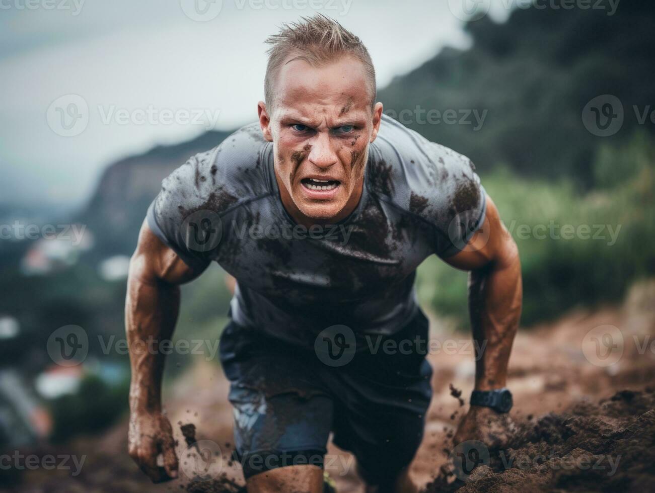 entschlossen Mann klettert ein steil Berg Weg ai generativ foto