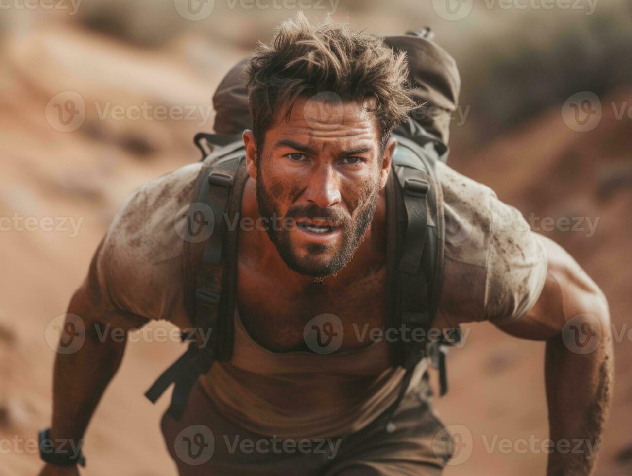 entschlossen Mann klettert ein steil Berg Weg ai generativ foto