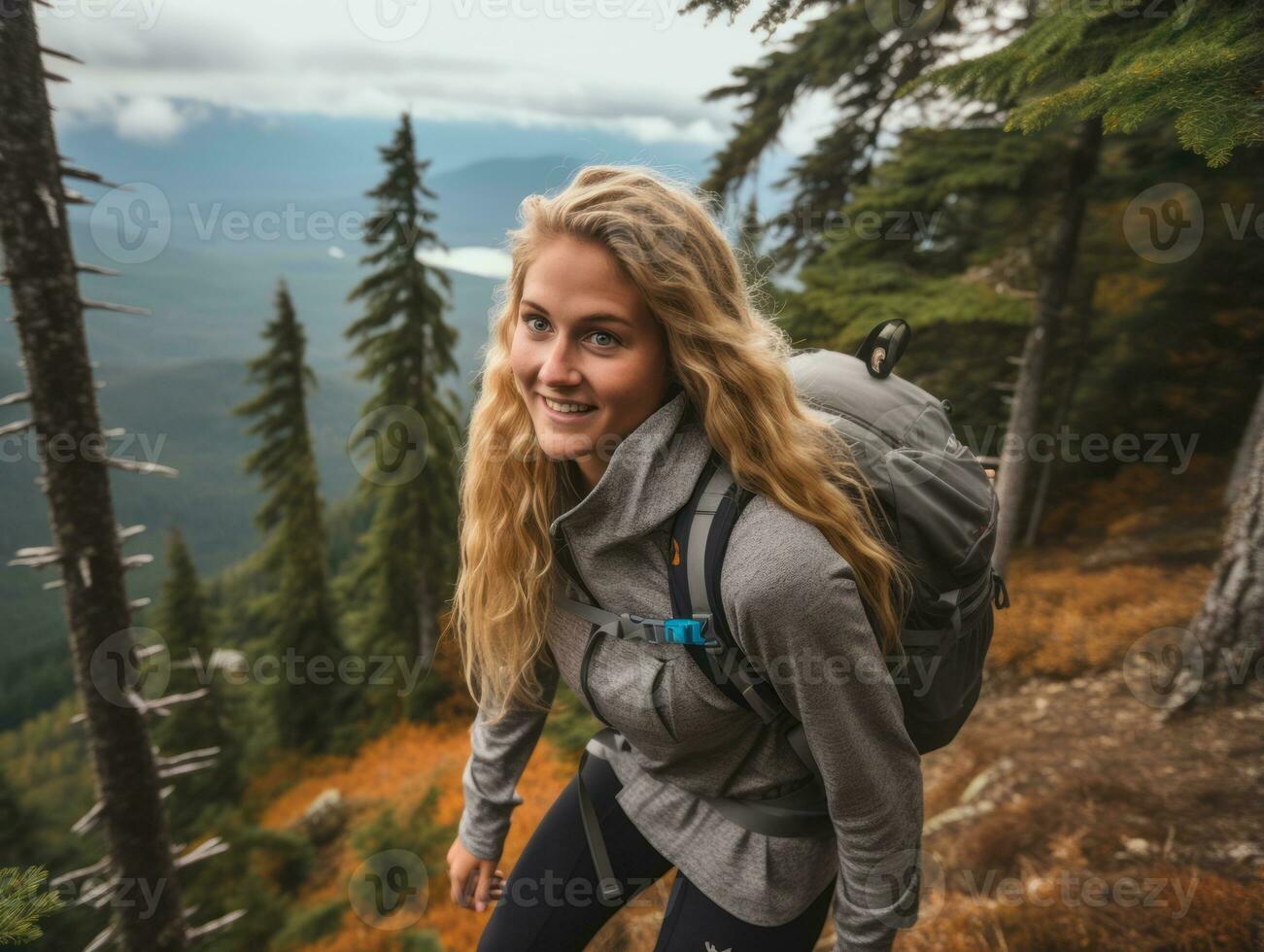 entschlossen Frau klettert ein steil Berg Weg ai generativ foto