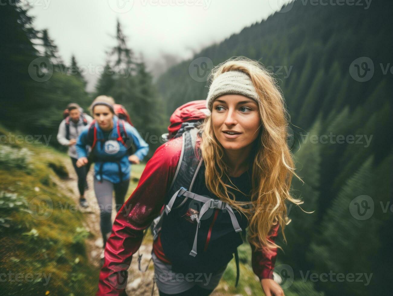 entschlossen Frau klettert ein steil Berg Weg ai generativ foto