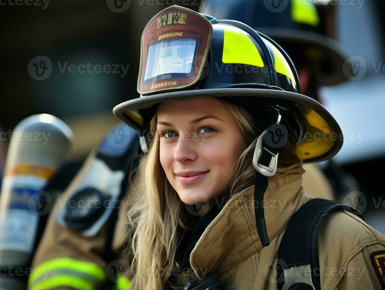 weiblich Feuerwehrmann tapfer Kämpfe das Feuer ai generativ foto