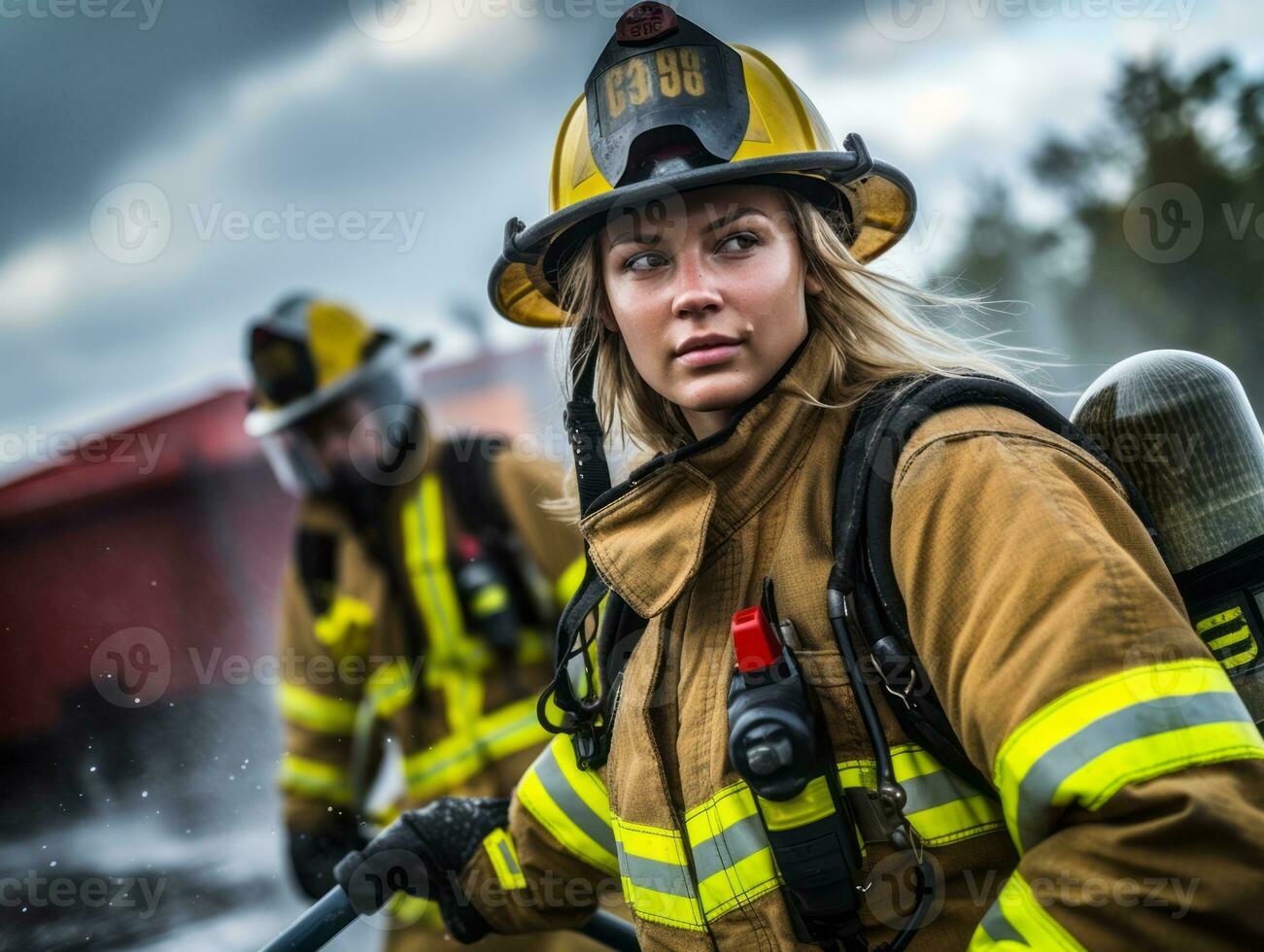 weiblich Feuerwehrmann tapfer Kämpfe das Feuer ai generativ foto