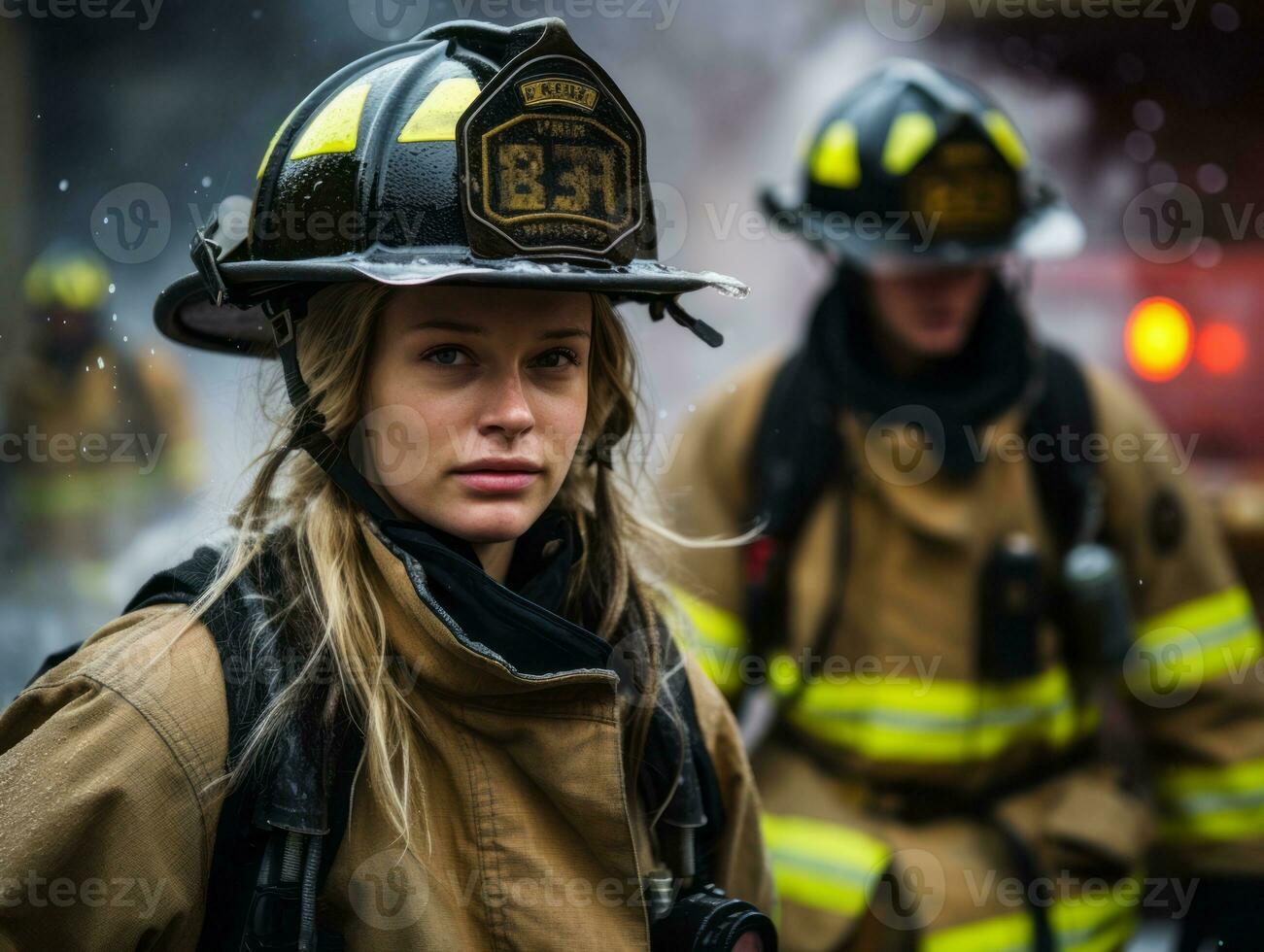 weiblich Feuerwehrmann tapfer Kämpfe das Feuer ai generativ foto