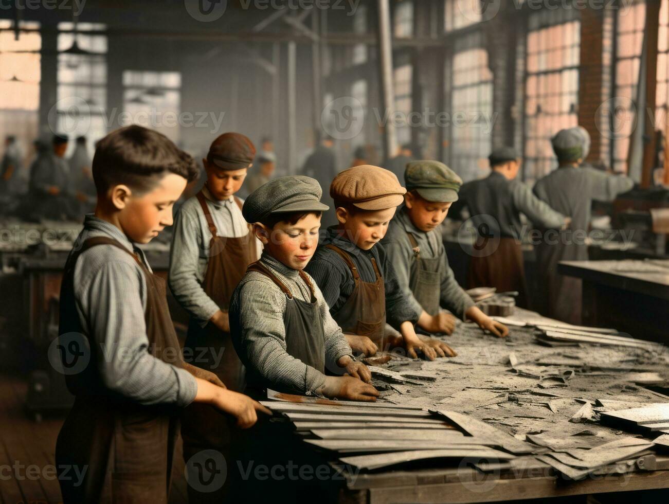 historisch farbig Foto von ein Kinder Täglich Arbeit im das 1900s ai generativ