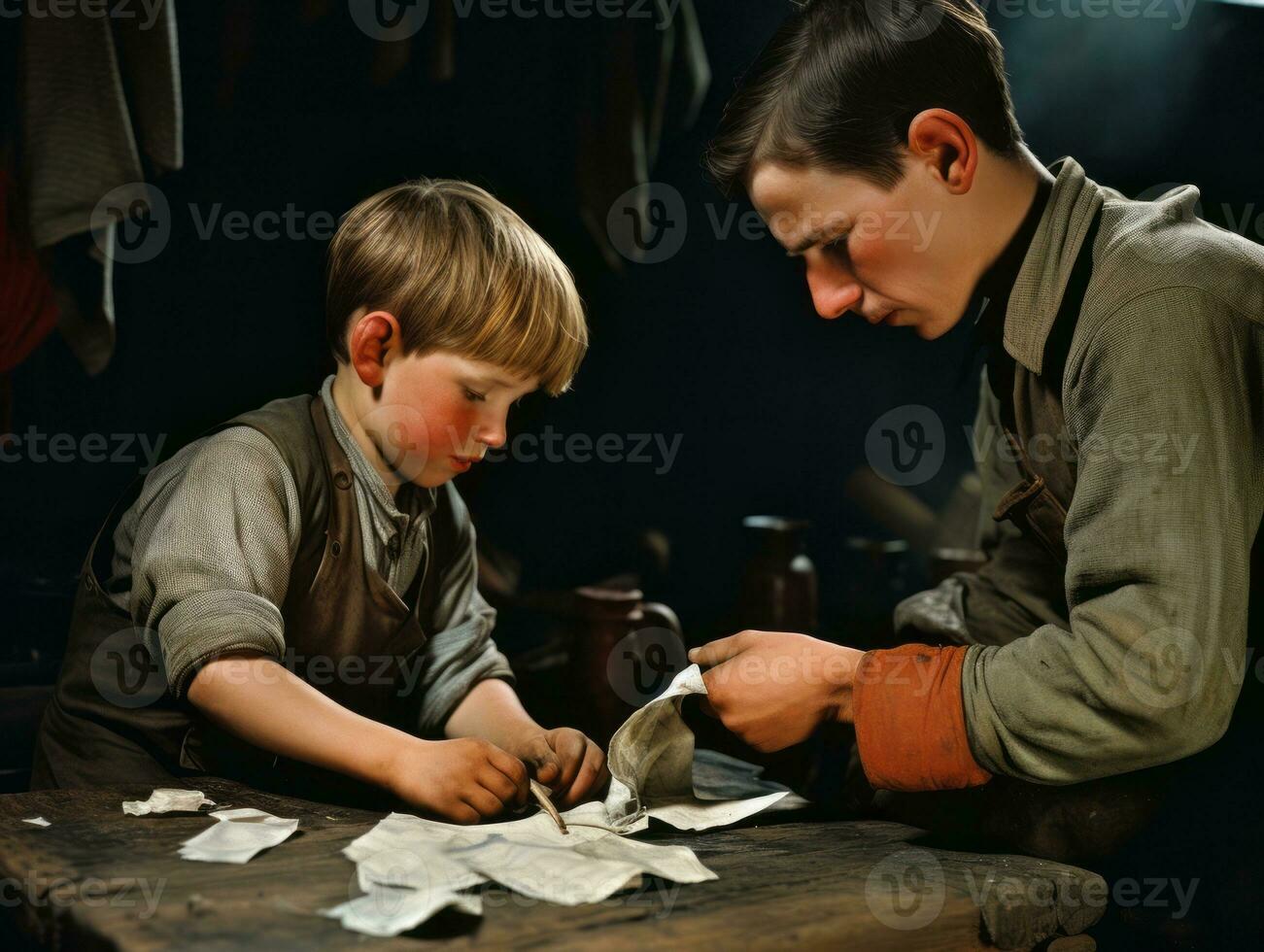 historisch farbig Foto von ein Kinder Täglich Arbeit im das 1900s ai generativ