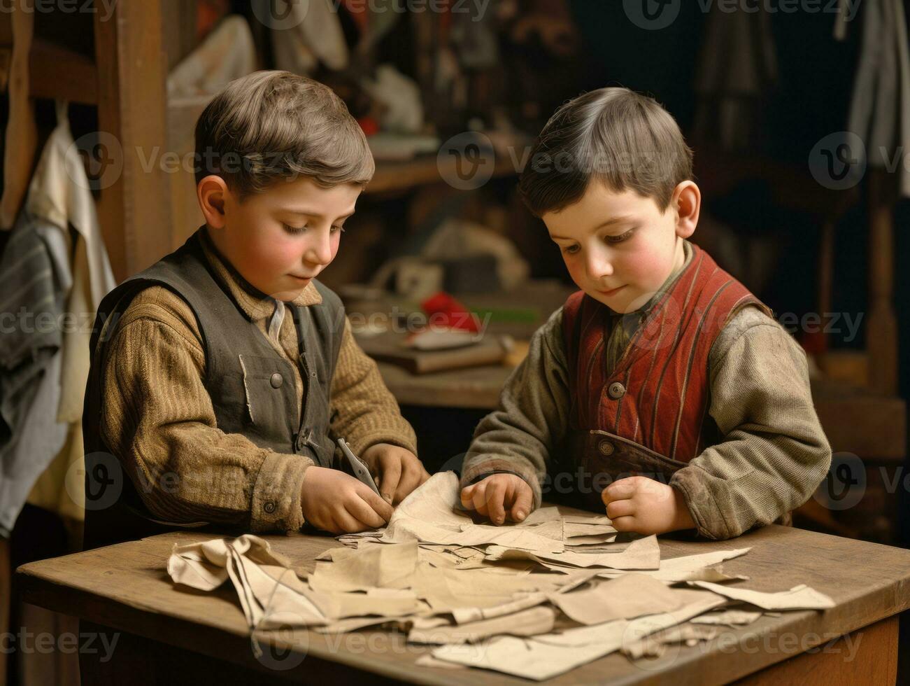 historisch farbig Foto von ein Kinder Täglich Arbeit im das 1900s ai generativ