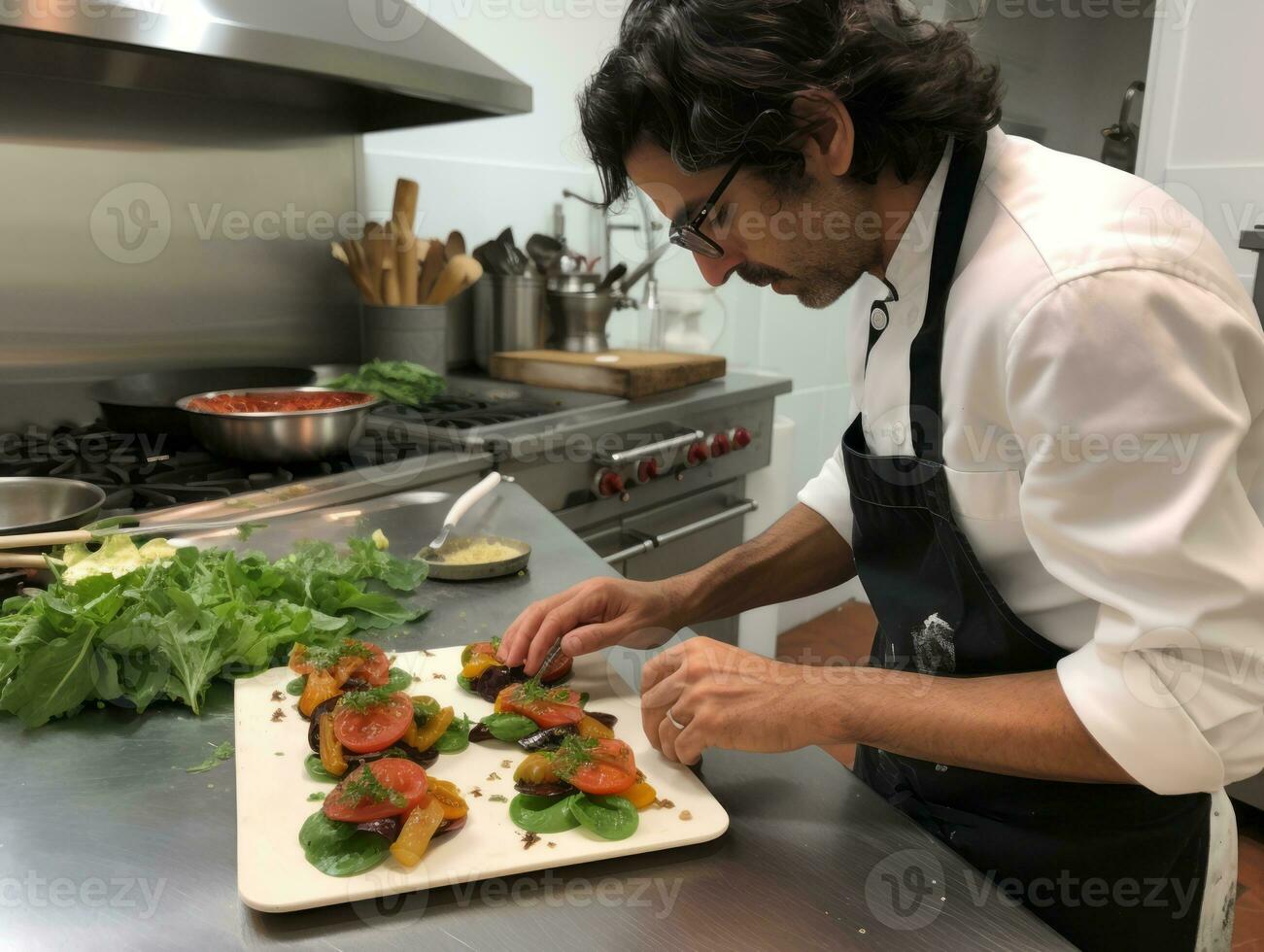 männlich Koch schafft kulinarisch Meisterwerke im ein geschäftig Küche ai generativ foto
