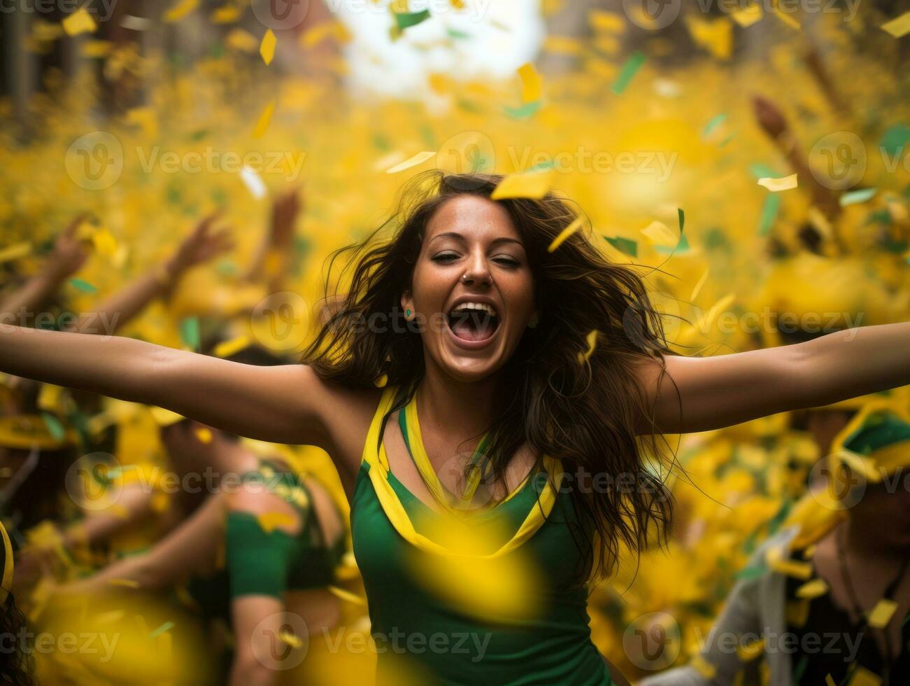 Brasilianer Frau feiert seine Fußball Teams Sieg ai generativ foto