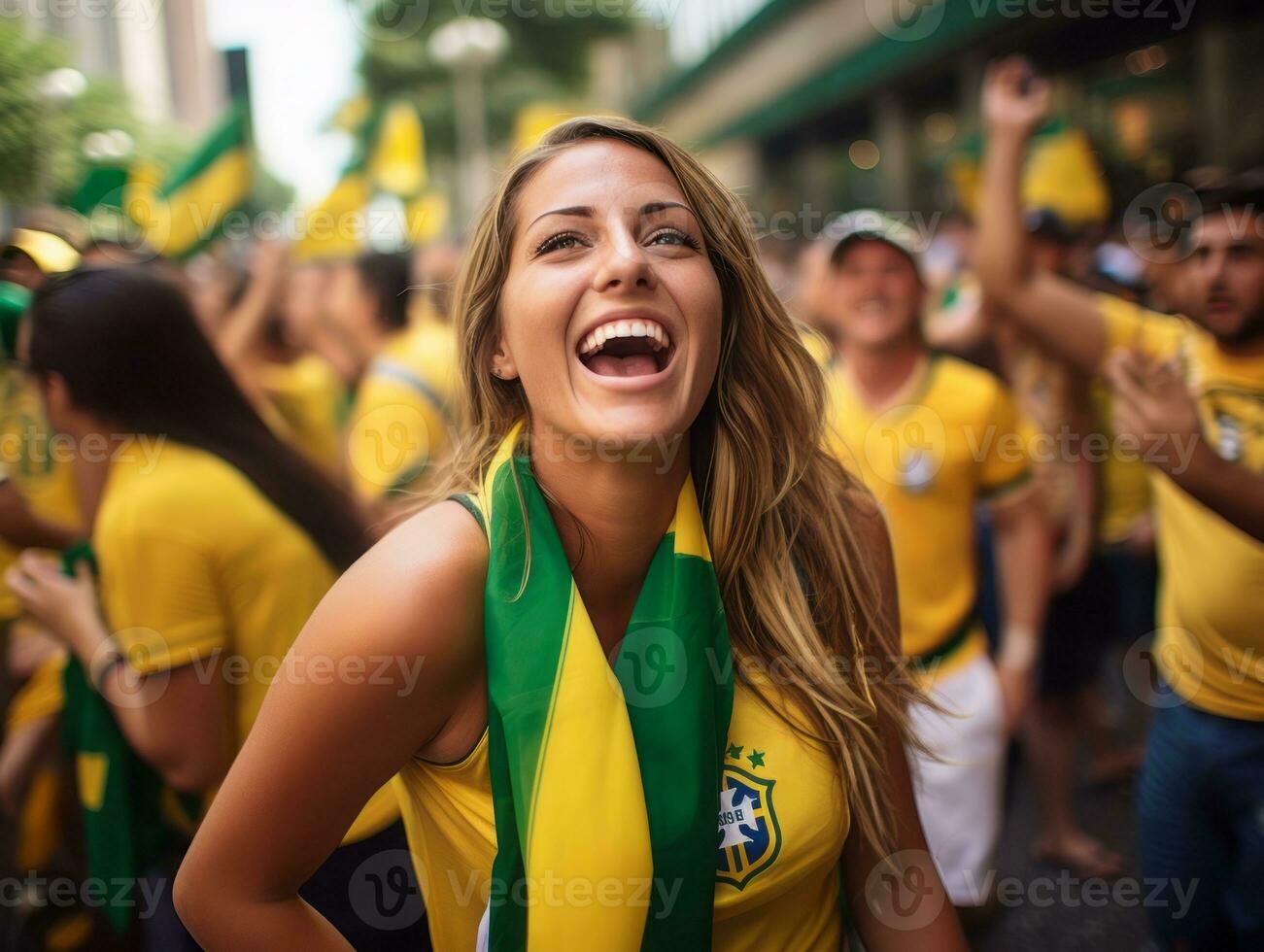 Brasilianer Frau feiert seine Fußball Teams Sieg ai generativ foto