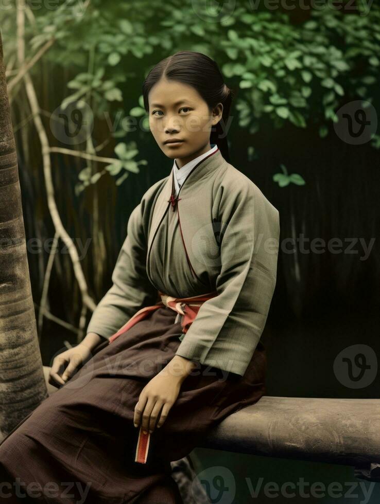 ein alt farbig fotografieren von ein asiatisch Frau von das früh 1900s ai generativ foto