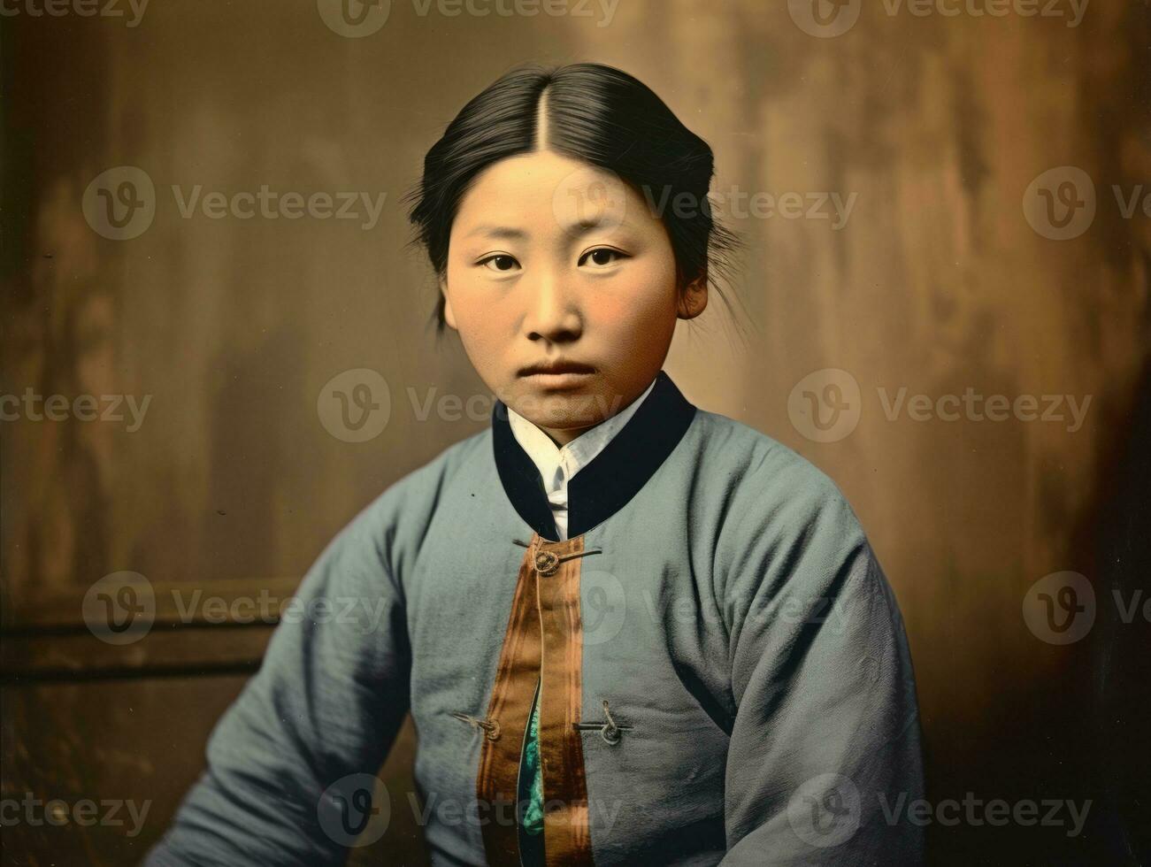 ein alt farbig fotografieren von ein asiatisch Frau von das früh 1900s ai generativ foto