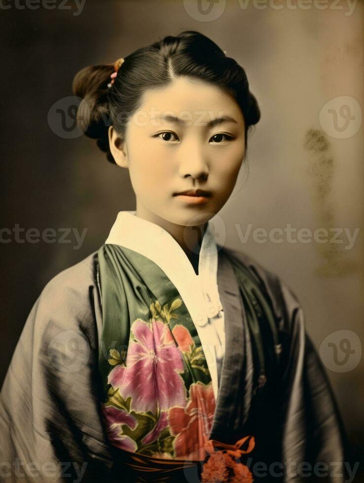 ein alt farbig fotografieren von ein asiatisch Frau von das früh 1900s ai generativ foto