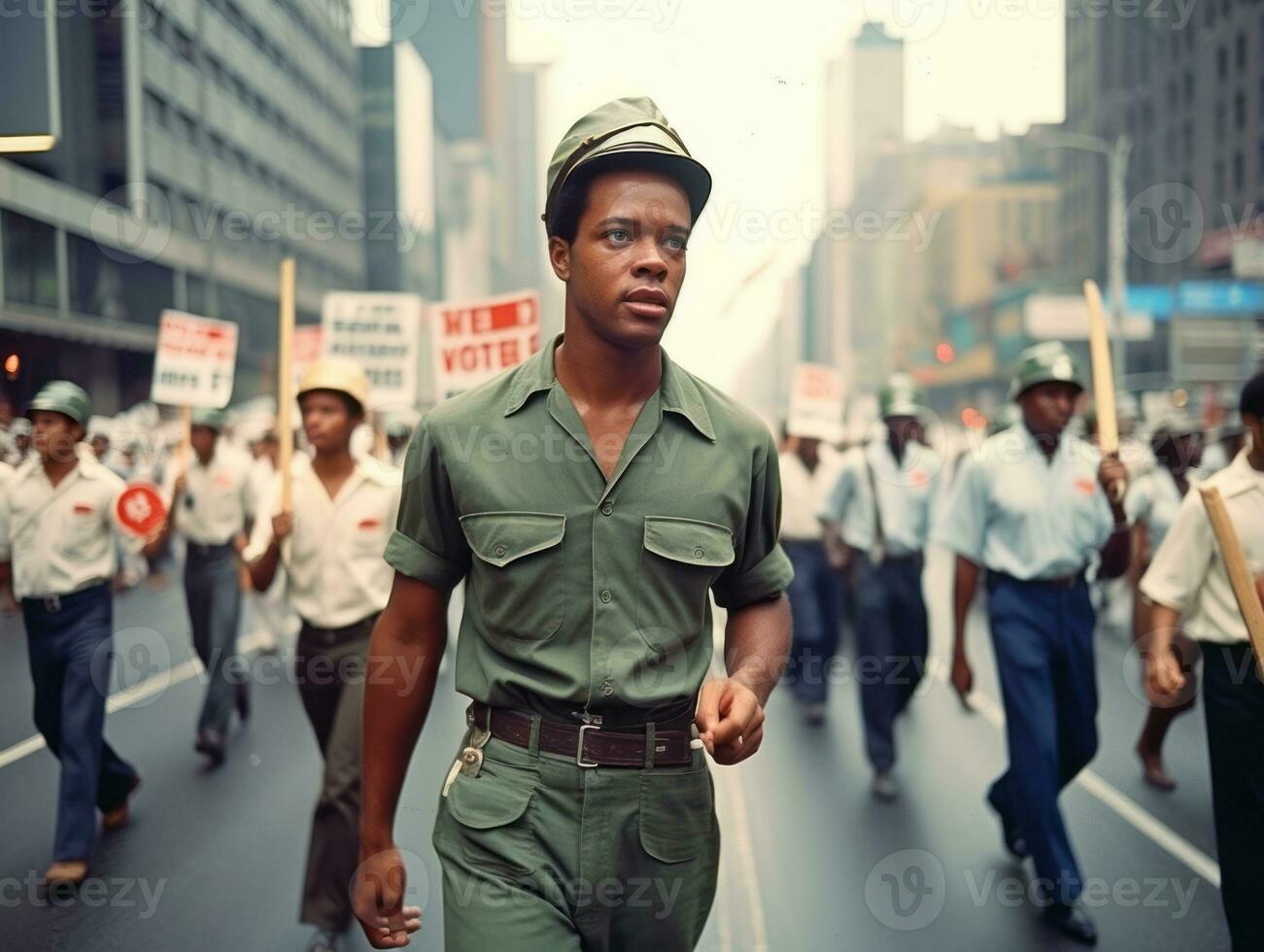 historisch farbig Foto von ein Mann führen ein Protest ai generativ