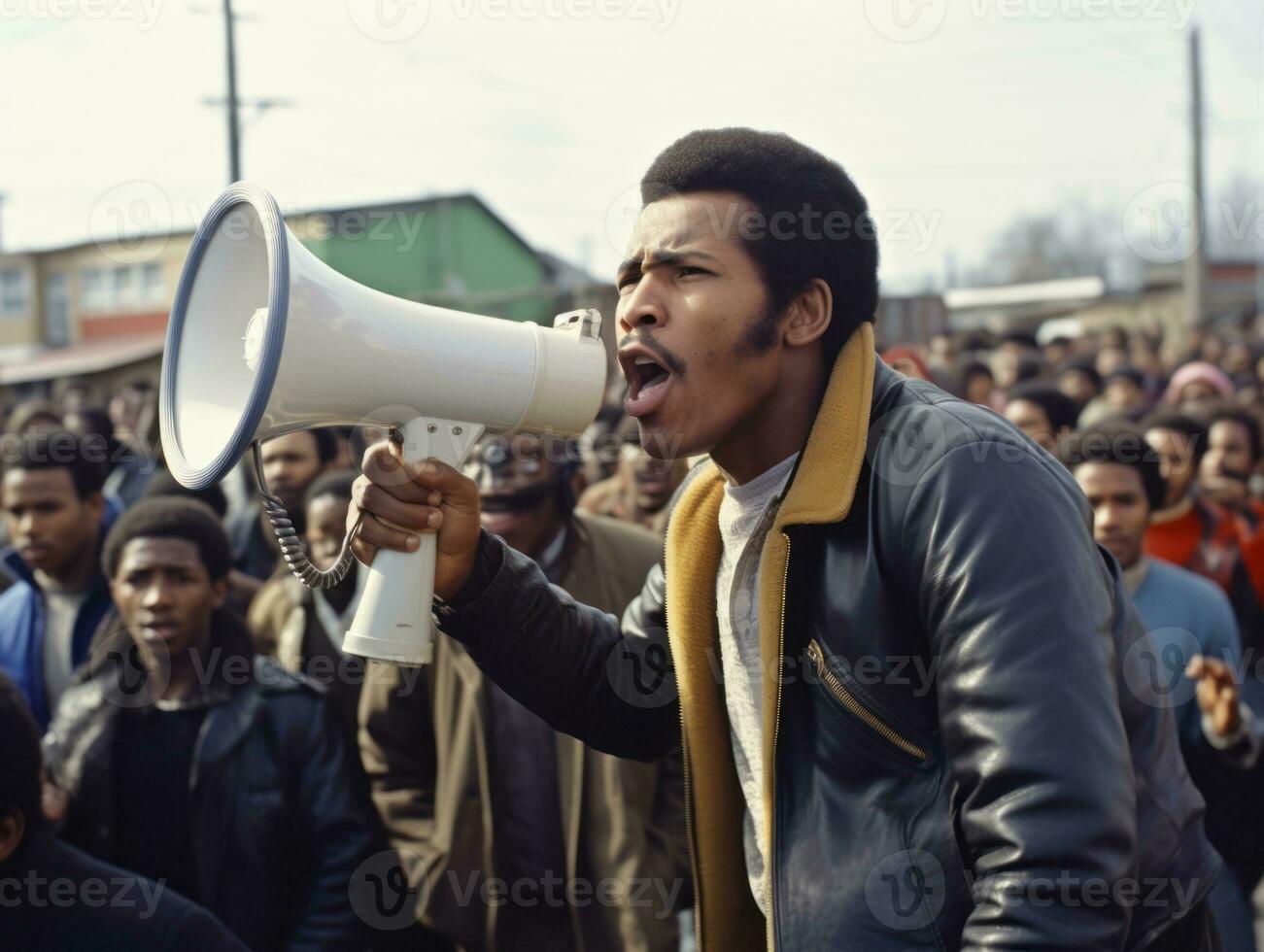 historisch farbig Foto von ein Mann führen ein Protest ai generativ