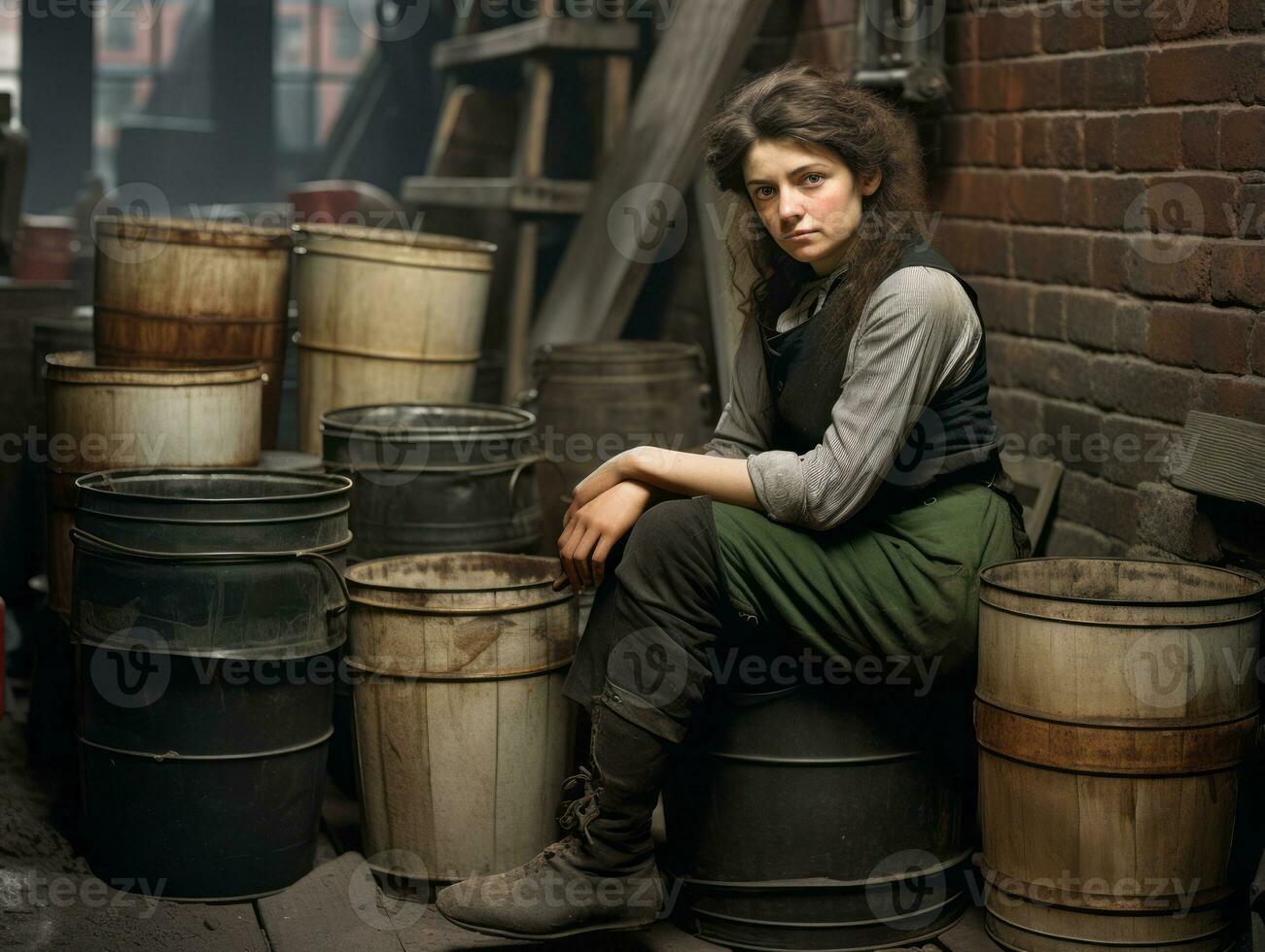 historisch farbig Foto von ein Frauen Täglich Arbeit im das Vergangenheit ai generativ