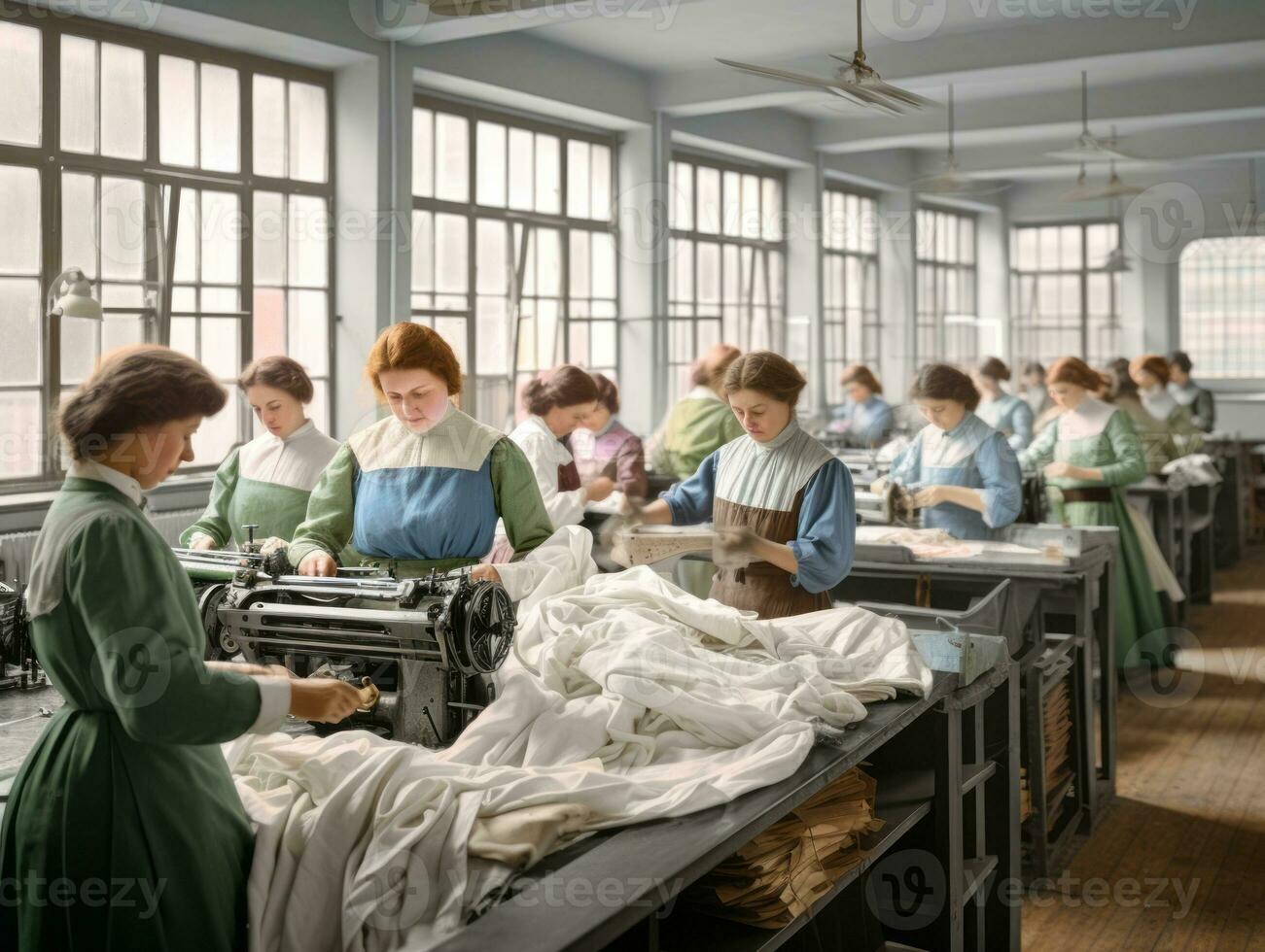 historisch farbig Foto von ein Frauen Täglich Arbeit im das Vergangenheit ai generativ