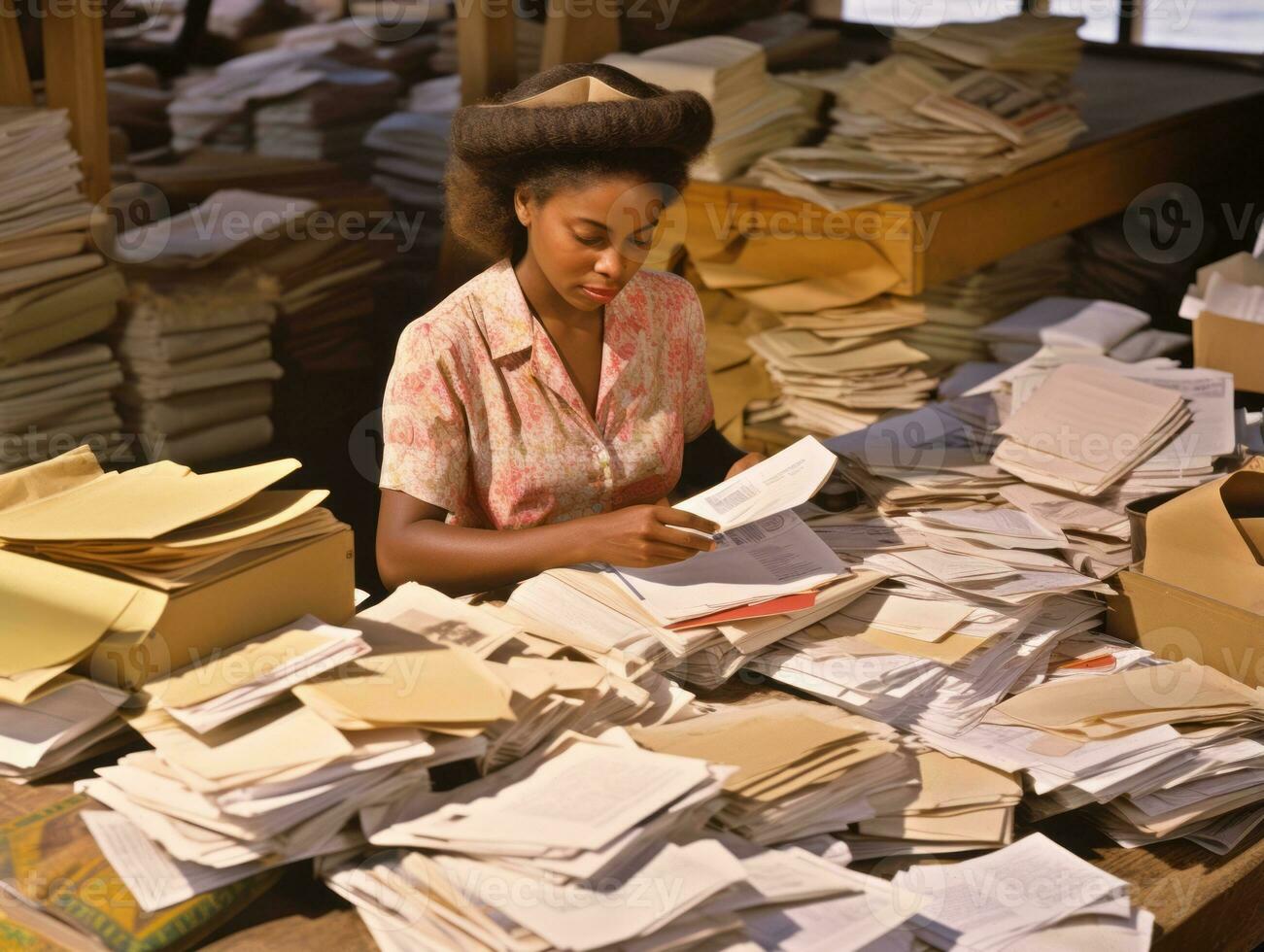 historisch farbig Foto von ein Frauen Täglich Arbeit im das Vergangenheit ai generativ