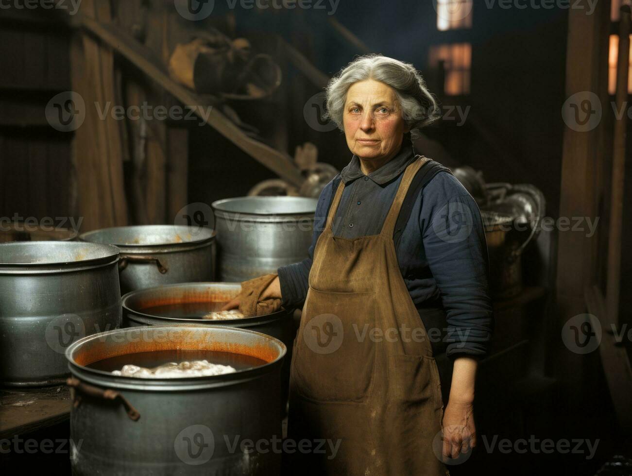 historisch farbig Foto von ein Frauen Täglich Arbeit im das Vergangenheit ai generativ