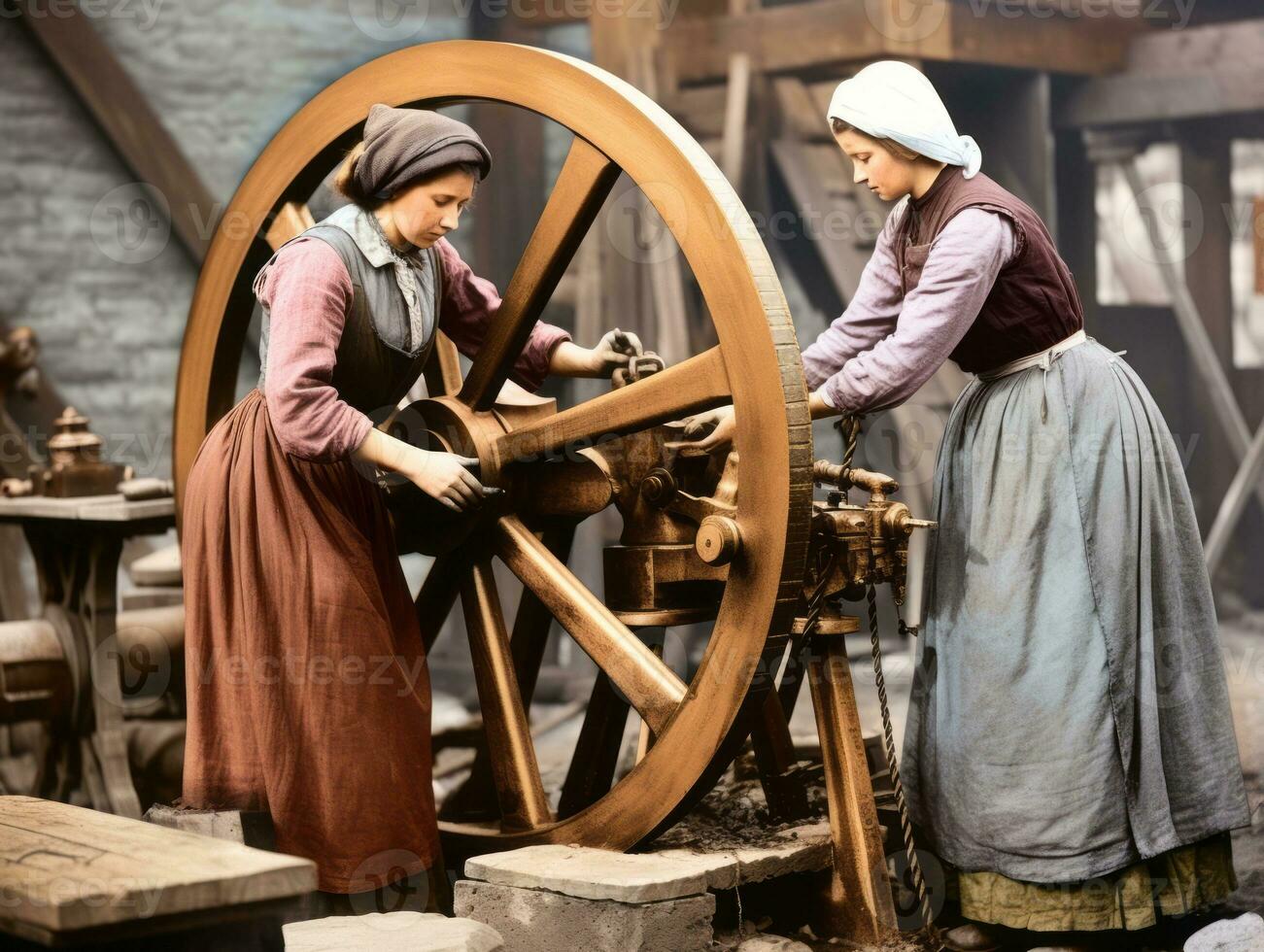 historisch farbig Foto von ein Frauen Täglich Arbeit im das Vergangenheit ai generativ