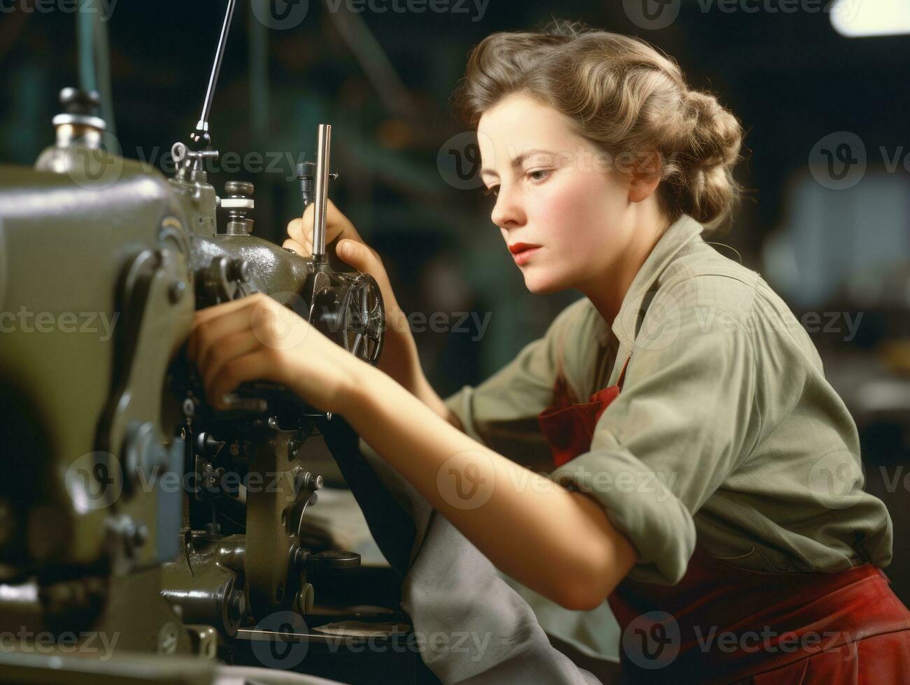 historisch farbig Foto von ein Frauen Täglich Arbeit im das Vergangenheit ai generativ