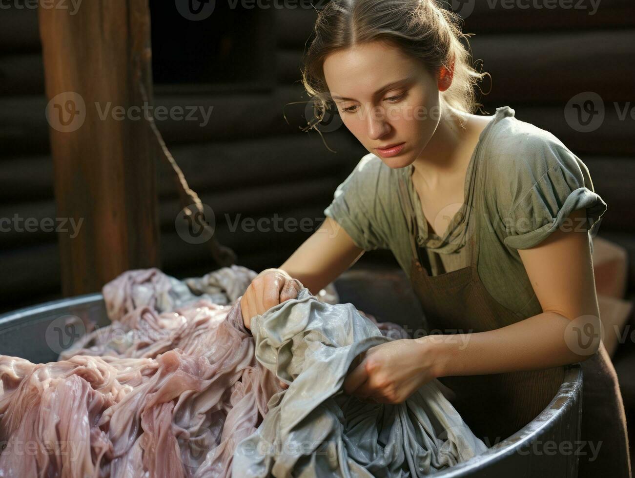 historisch farbig Foto von ein Frauen Täglich Arbeit im das Vergangenheit ai generativ